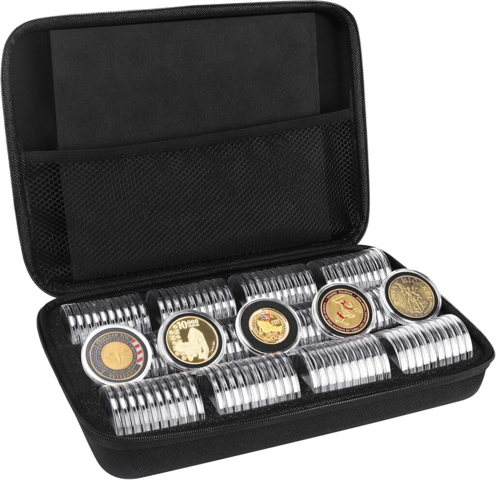 SPLF 120 Pieces 46mm Coin Capsules and 7 Sizes (20/25/30/35/38/40/46mm) Protect Gasket Coin Holder Case with Plastic Storage Organizer Box for Coin Collection Supplies